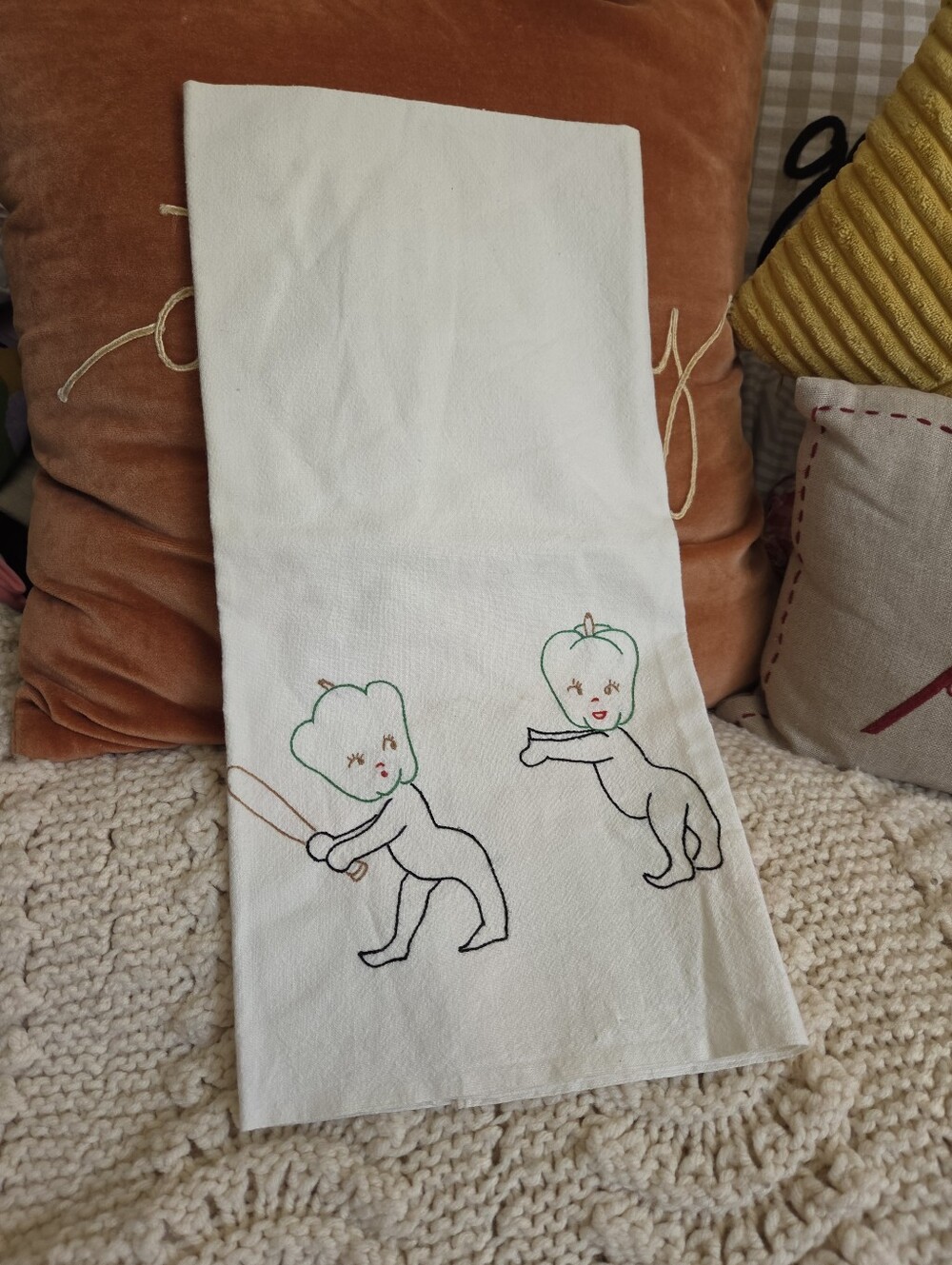 Vintage hand-embroidered Flour Sack Dish Towel 20" By 33"